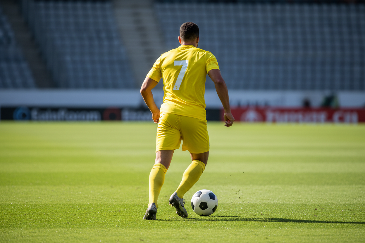 back of a soccer player running on the field trying to control the ball with his feet